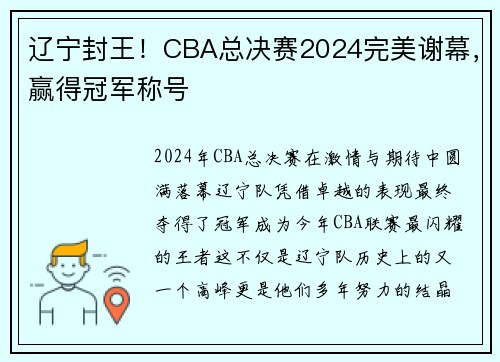 辽宁封王！CBA总决赛2024完美谢幕，赢得冠军称号